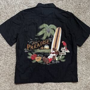 Disney Parks Mickey in Paradise Shirt Mens L Black Embroidered Surf Aloha Button